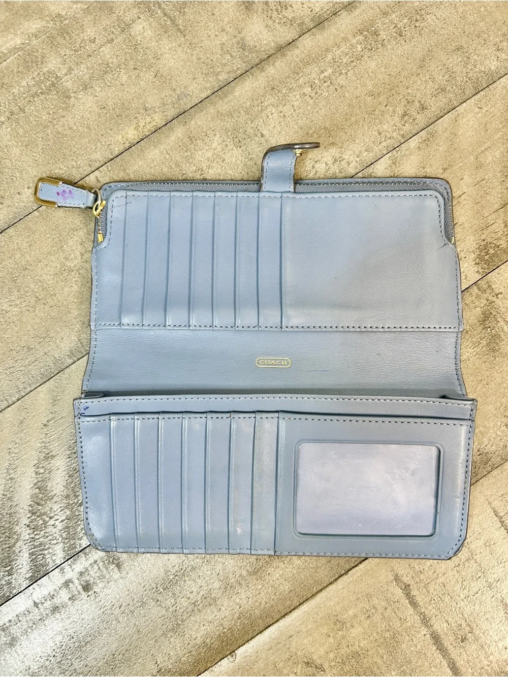 Coach Light Blue Pebbled Leather Tab Snap Wallet ID Window Zip Pocket Gold